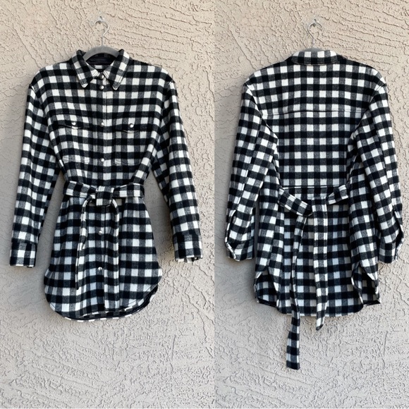 & OTHER STORIES NEW Black White Gingham Check Belted Italian Wool Shacket Jacket - Picture 6 of 17